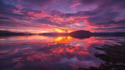 Obraz premium breathtaking fiery sunset with vibrant shades of orange pink purple and yellow creating an ethereal and dreamy atmosphere landscape photography