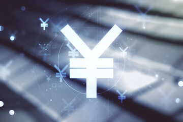 Abstract virtual Japanese Yen symbol hologram on abstract metal background, forex and currency concept. Multiexposure