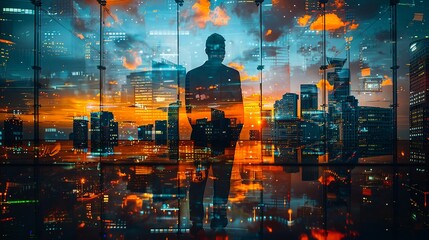 Double exposure Business, Businessman negotiating a deal, superimposed on images of office buildings and teamwork, representing successful business collaborations in an urban setting. Illustration