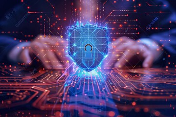 Use a network connection with a shield guard to protect Safeguard from cyber threats. Security padlock for personal data, Internet security business, and network security system concepts