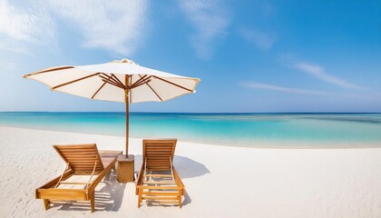 Obraz premium white sandy beach with wooden sunbeds under an umbrella