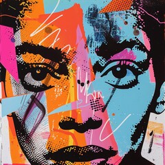 Obraz premium Abstract art of a woman’s face painted with colorful oil color in shade of bright pink, blue, and orange wallpaper.