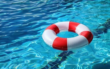Naklejka premium Red and White Lifebuoy on Blue Pool Water