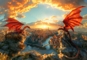 A fairy tale fantasy country. Wonderland. Two red dragons guard the magical kingdom. A beautiful fairy-tale landscape with a fantasy land and dragons. Panoramic bird's-eye view. Ai generative.
