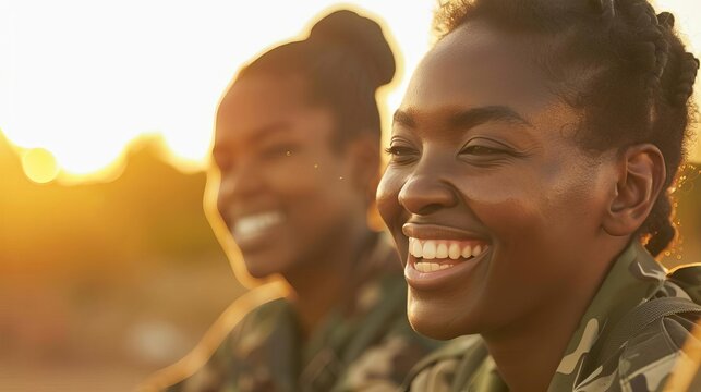 candid black african american female army soldiers laughing and smiling warm golden hour portrait - Powered by Adobe