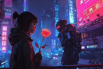 Cyberpunk Heartbreak: A neon-drenched cityscape bathes the scene in a stark blue and purple glow. A woman walks down a metal walkway, a single holographic rose clutched in her hand.