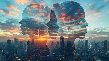 Double exposure Business, Double exposure of a businessman shaking hands with a colleague, overlaid with a city skyline and office buildings, symbolizing successful urban business partnerships.