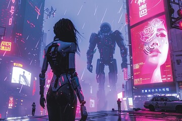 Cyberpunk Heartbreak: A neon-drenched cityscape bathes the scene in a stark blue and purple glow. A woman walks down a metal walkway, a single holographic rose clutched in her hand.