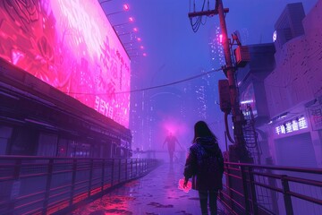 Cyberpunk Heartbreak: A neon-drenched cityscape bathes the scene in a stark blue and purple glow. A woman walks down a metal walkway, a single holographic rose clutched in her hand.