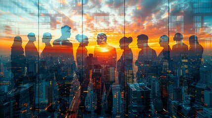 Double exposure Business, Double exposure of a businessman shaking hands with a colleague, overlaid with a city skyline and office buildings, symbolizing successful urban business partnerships.