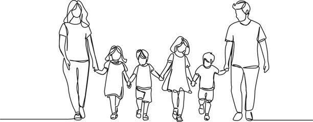 continuous single line drawing of mom and dad with four kids, patchwork family line art vector illustration