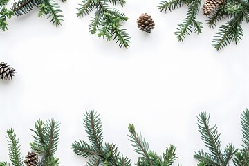 Obraz premium Green Cypress Branches and Pine Cones on White Background