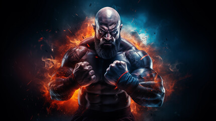 Fototapeta premium Muscular mix fighter on dark background with dynamic elements