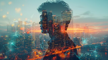 Double exposure Business, Man in a suit working on a laptop, superimposed on a panoramic view of a busy city, symbolizing the integration of technology in modern business. Illustration image,