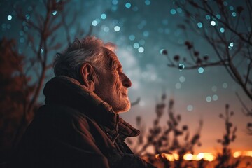 A senior man stargazing at night, awe and fascination