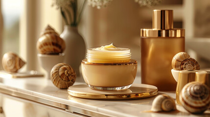 beauty product presentation, a premium snail mucin cream elegantly displayed on a golden pedestal, highlighting its luxurious and high-quality components