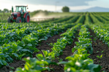 Tractor working in a vast green agricultural field, illustrating farming and agriculture with lush crops and vibrant greenery.