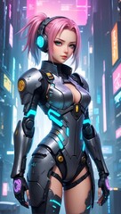 Beautiful cyberpunk anime girl character wearing tech armor