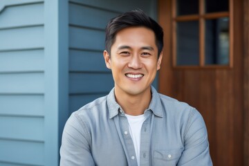 Obraz premium Portrait of a joyful asian man in his 30s smiling at the camera over stylized simple home office background