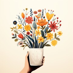 Hand holding a vase filled with colorful flowers, creating a cheerful and vibrant display. Perfect for spring and floral themes.