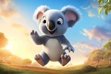 Cute koala cartoon is jumping high in the air