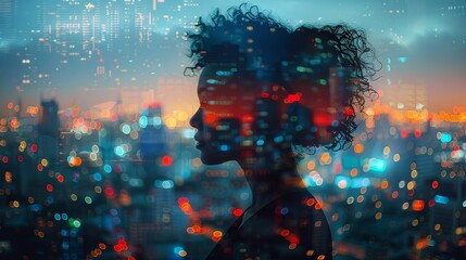 Naklejka premium Double exposure Business, Woman in a business suit giving a presentation, superimposed on a bustling cityscape, highlighting the impact of urban environments on professional success. Illustration