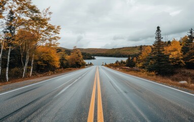 Fototapeta premium Autumn Road Leading to a Lake