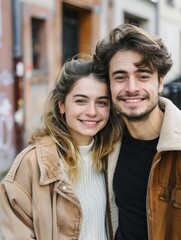 A happy French couple shares a laugh on a city street, their casual yet stylish attire perfect for an urban adventure.