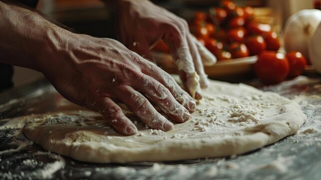 closeup of hands kneading and stretching pizza dough on floured surface food photography