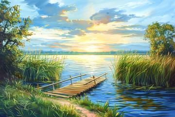 Obraz premium Natural colorful panoramic oil painted landscape. Seasonal july summertime scene whit lakeside pier, sunrise, reeds. Print greeting card, illustrations calendar, poster background, art wallpaper