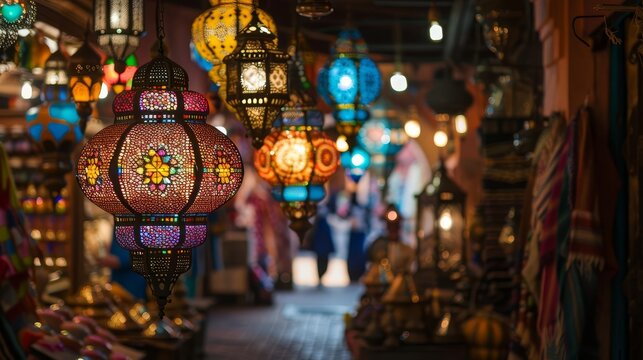 colorful moroccan lanterns illuminating a traditional souk in marrakech travel photography