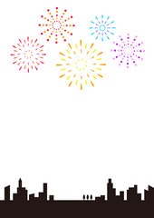 都市部の花火大会　シンプルなフレーム風背景イラスト