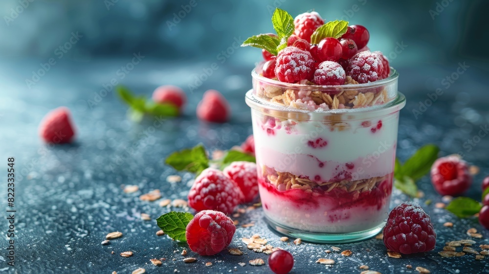 Poster healthy breakfast options, delicious and healthy breakfast choice of yogurt, berries, and oats layered in a glass jar for an easy, nutritious meal