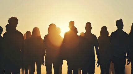 Group of diverse silhouettes of people standing together in unity