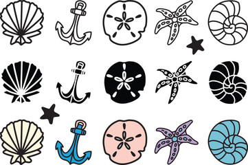 Beach ocean objects for patterns. Sea themed illustration.
