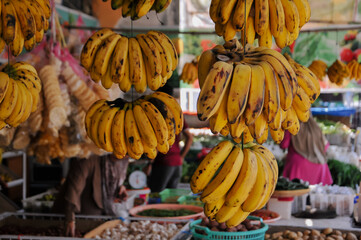 bananas in minimarket for sale, nature background