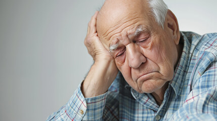 Fototapeta premium Elderly man with a somber expression, wearing a plaid shirt, resting his head on his hand, tired or deep in thought.