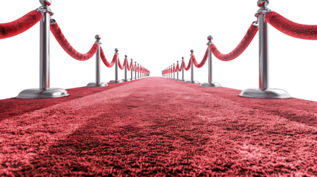 A red carpet stretches out with a line of red velvet barriers on either side, creating a grand entrance or VIP pathway
