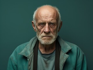 Teal background sad european white man grandfather realistic person portrait older person beautiful bad mood old man Isolated on Background 
