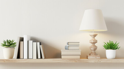 lamp, books and plant on a shelf