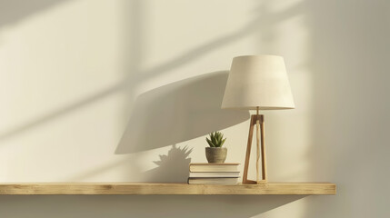 lamp, books and plant on a shelf