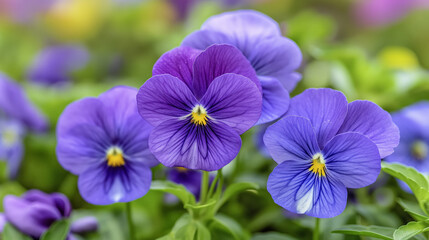 Fototapeta premium Vibrant purple pansies in full bloom, showcasing their detailed petals and the lush green leaves around them.
