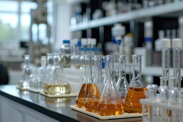 table in the laboratory, on the table there are many different beakers and flasks with solutions