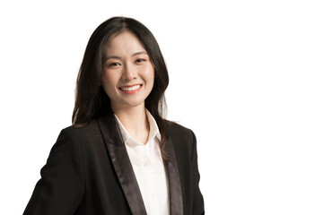 Beautiful smiling young asian business woman wear black suit isolated on white background.Company...
