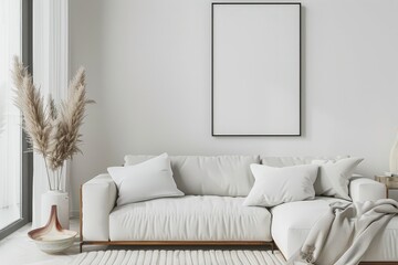 Frame mockup, single vertical ISO A paper size, reflective glass, mockup poster on the wall of living room