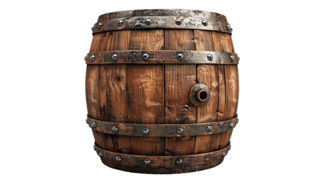 A wooden barrel featuring rivets and rivet holes on a transparent background