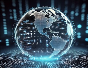 3D holographic globe earth world hologram projection virtual space black background wallpaper