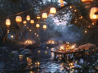 Obraz premium Romantic dinner tables set on a river with lanterns hanging from trees