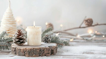 Chrsitmas Candle Wooden Decoration Table Rustic Cottagecore Minimalist Background Neutral White Social Media Web Design Post.