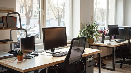 cozy coworking space with computers on shared desk by window interior mockup